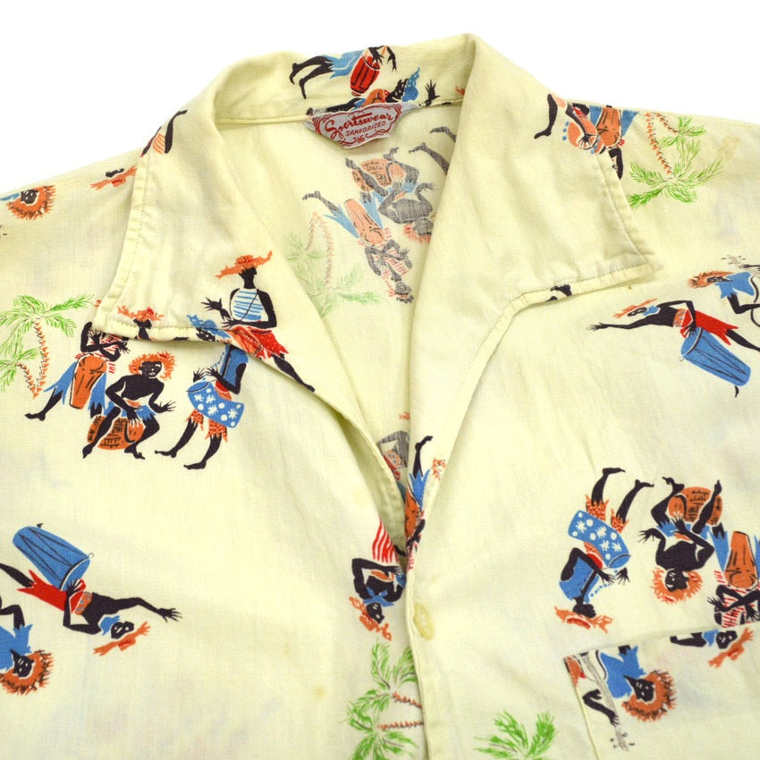 60's Sportswear Black Print Italian Collar Aloha Shirt...