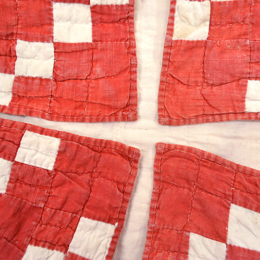 Old Handmade Patchwork Quilt Red & White...52cm×52cm