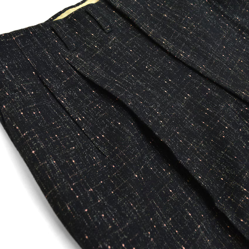 1950s-era black pinstripe Fleck Pattern kasuri wool slacks...