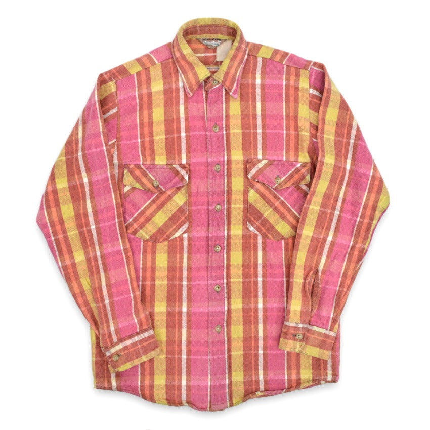 ~80's WINTER RUN PINK PLAID HEAVY FLANNEL SHIRT...
