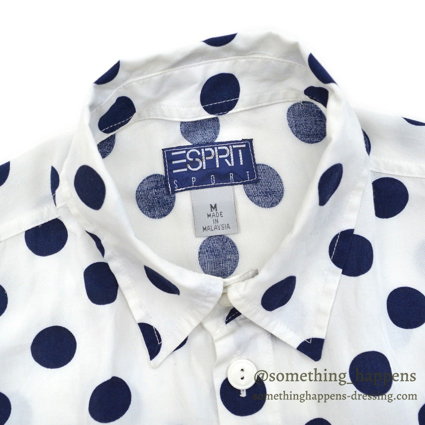 1990's~ ESPRIT SPORTS NAVY DOTS RAYON SHIRT...M