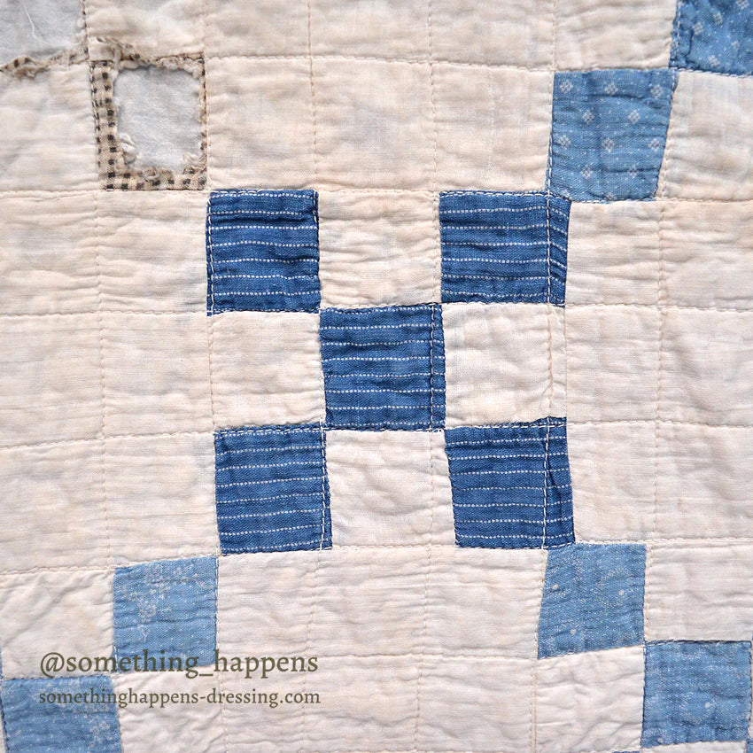 NINE PATCH INDIGO CALICO PATCHWORK QUILT... 202cm/168cm
