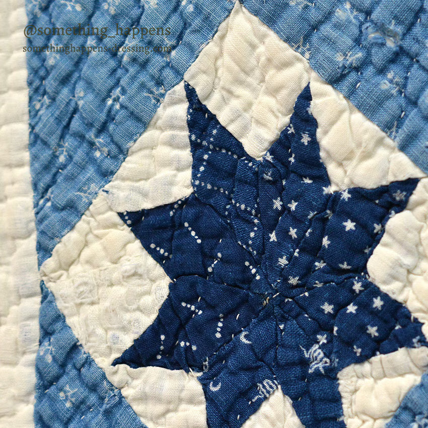 ANTIQUE EIGHT POINT STAR INDIGO CALICO PATCHWORK CRIB QUILT... 103cm/100cm