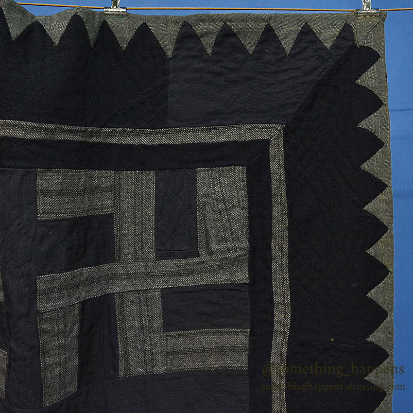 ANTIQUE WHIRLING LOGS, SWASTIKA PATCHWORK BLACK/GRAY WOOL QUILT ... 200cm/190cm