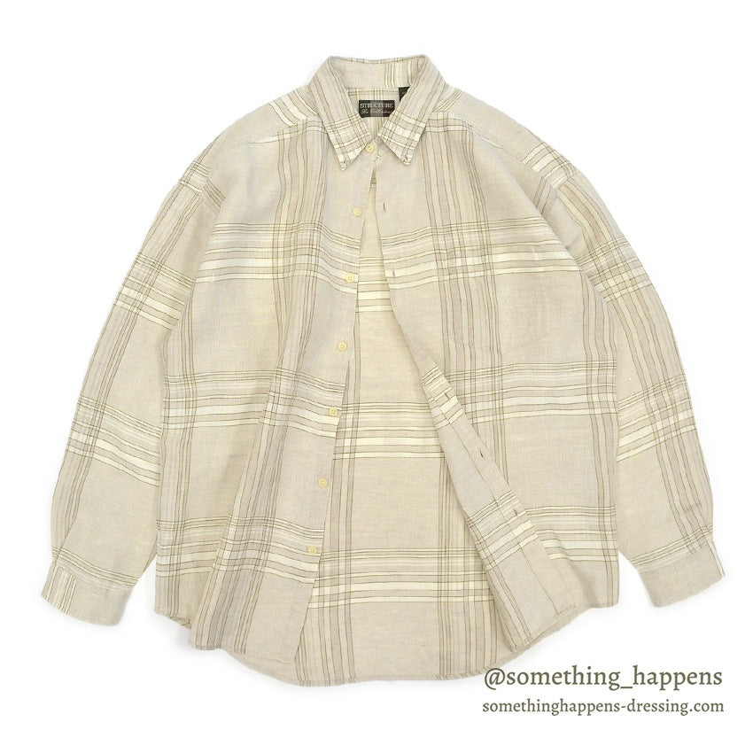1990's DEADSTOCK STRUCTURE BEIGE PLAID LINEN SHIRT ... L