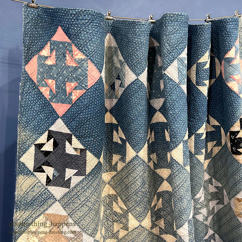 ANTIQUE INDIGO CALICO PATCHWORK QUILT BEAUTIFUL FADED... 196cm/164cm