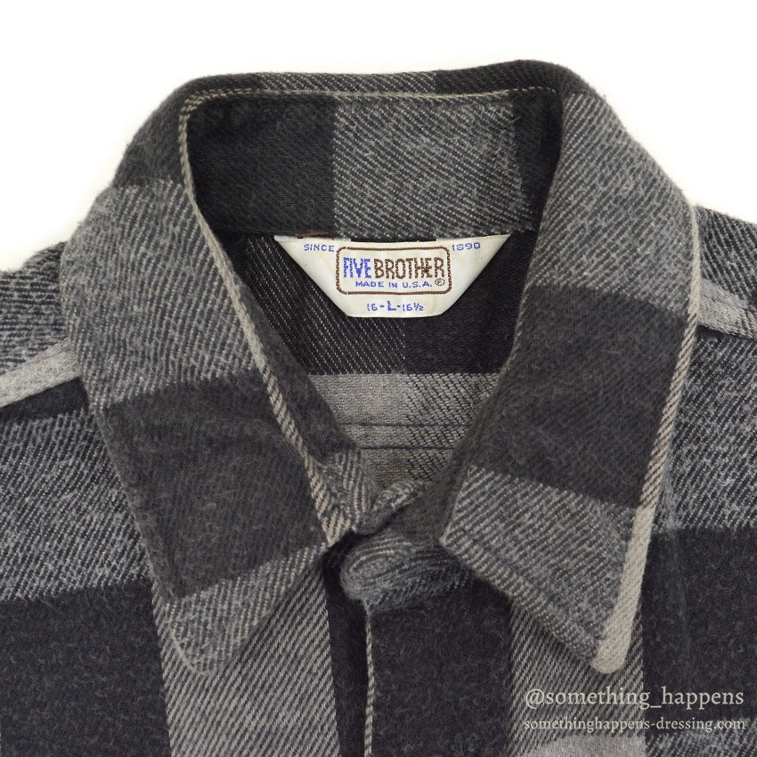 1970's~ FIVE BROTHER BLACK/GRAY PLAID FLANNEL SHIRT ... L