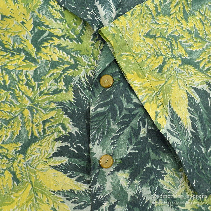 1950's KAMEHAMEHA LEAF PATTERN NYLON ALOHA SHIRT ... L