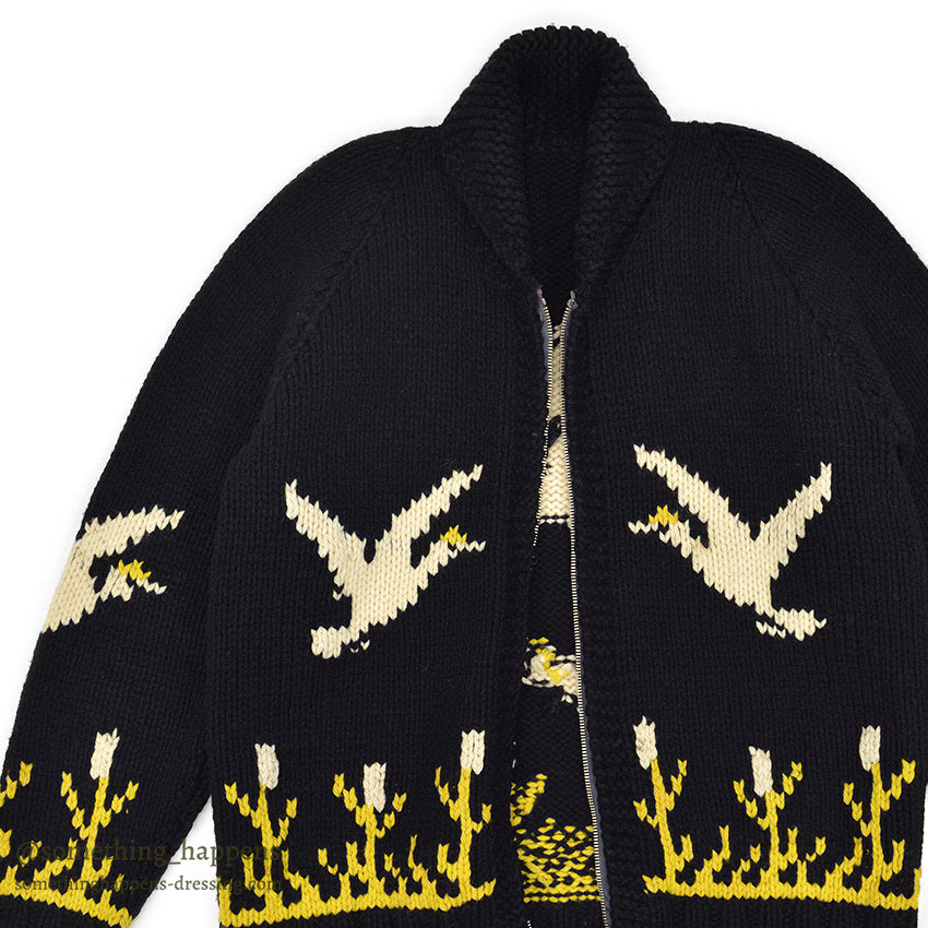 1950's OLD BLACK COWICHAN SWEATER DUCKS AND FLOWERS...