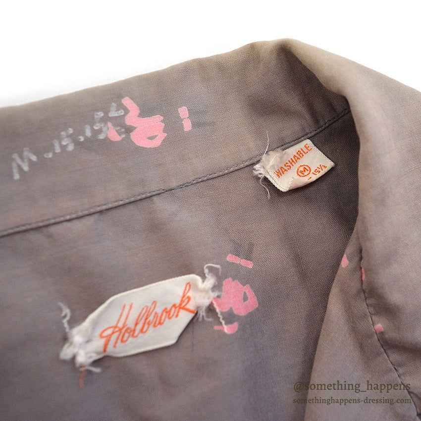1950's GRAY/PINK JOCKEY PRINT S/S SHIRT ... M