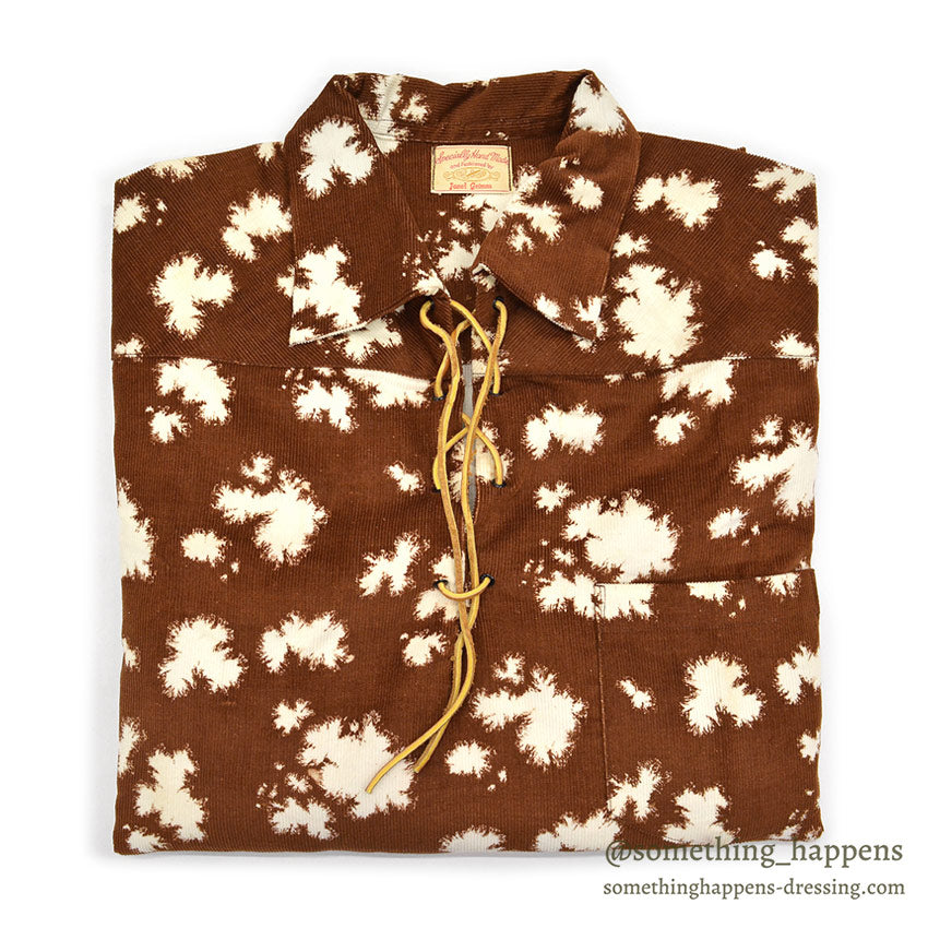 1960's DEADSTOCK SPECIALLY HAND MADE PRINT CORDUROY LACE UP SHIRT / RARE PATTERN ...