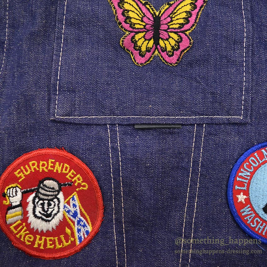 1970's DELUXE SPORTSWEAR VAD DYED DENIM JACKET / LOTS OF PATCHES ... M