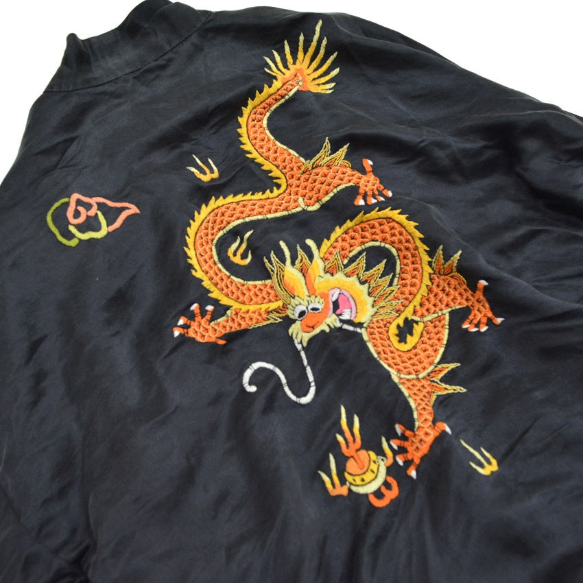 ~70's China Gown embroidery silk black...