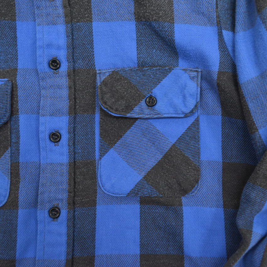 70's FIVE BROTHER Block Check Blue x Black Flannel Shirt ... M