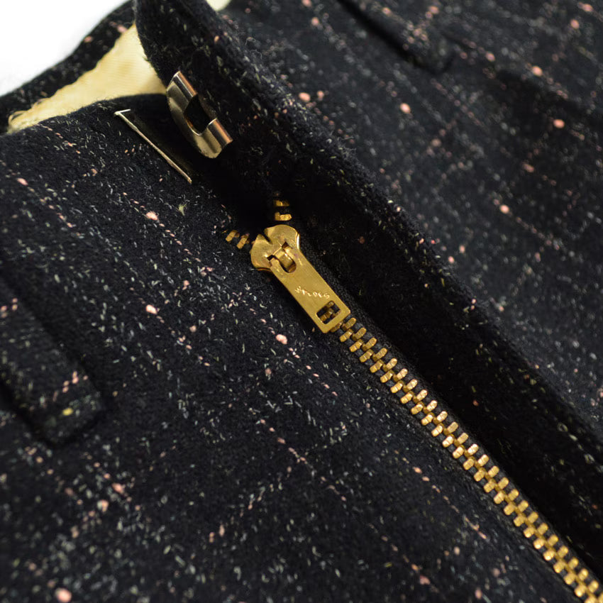 1950s-era black pinstripe Fleck Pattern kasuri wool slacks...
