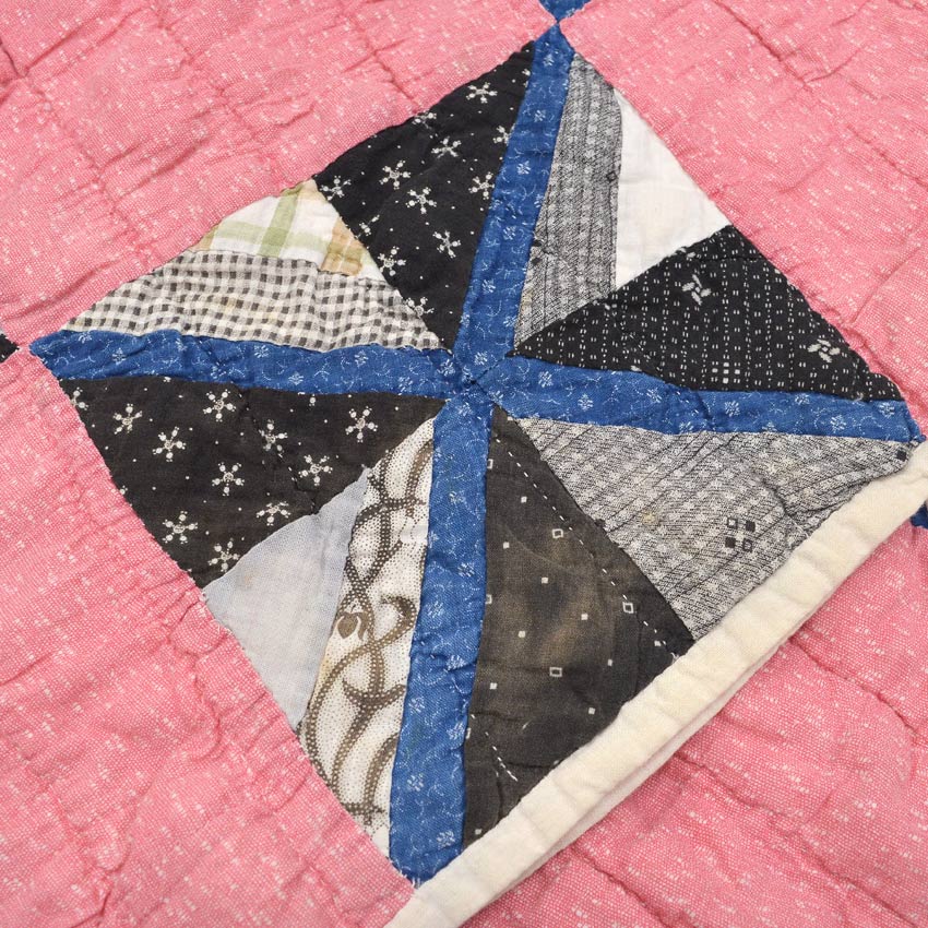 OLD PATCHWORK CALICO PINWHEEL / STRING PIECING QUILT... 148cm×188cm