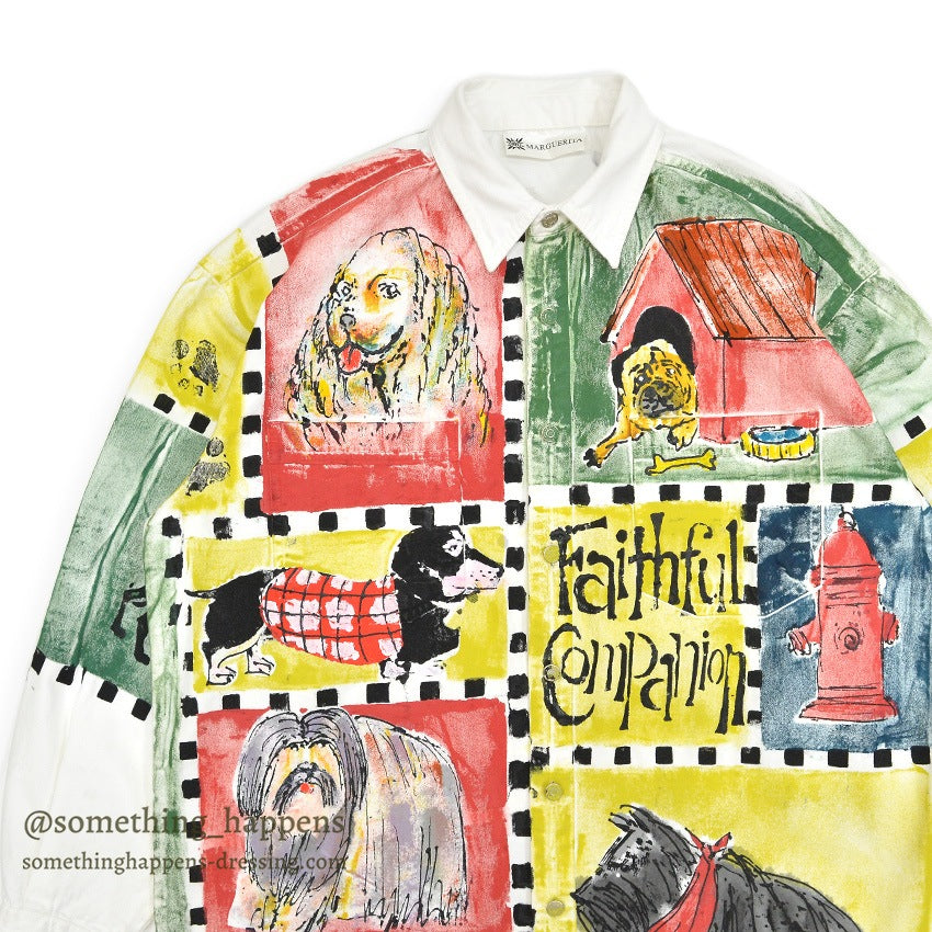 1990's~ FAITHFUL COMPANION DOG ART PAINT WHITE DENIM SHIRT ...