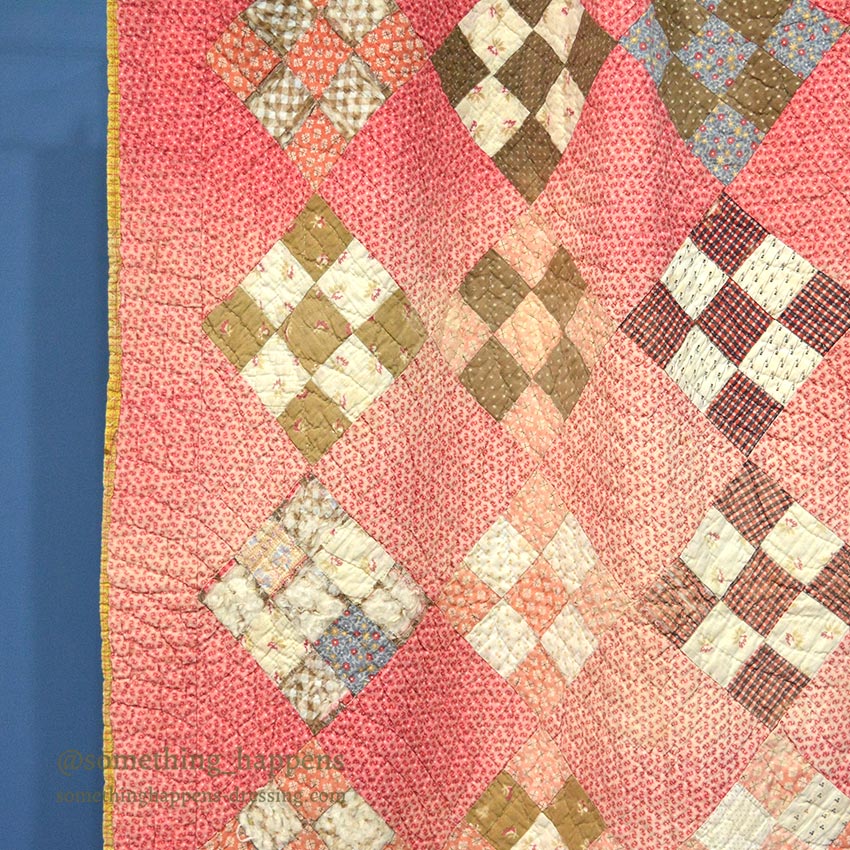 ANTIQUE NINE PATCH CALICO PATCHWORK RED CRIB QUILT FADED... 120cm/99cm