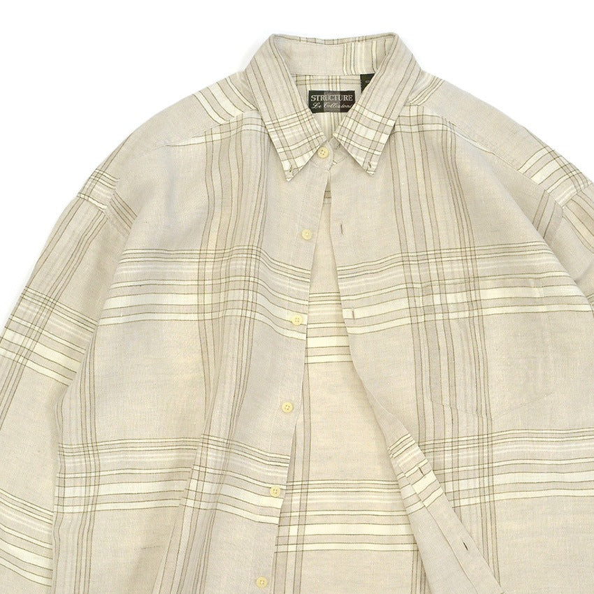 1990's DEADSTOCK STRUCTURE BEIGE PLAID LINEN SHIRT...L