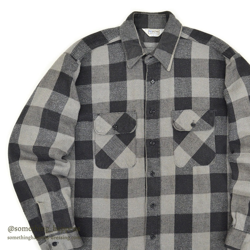 1970's~ FIVE BROTHER BLACK/GRAY PLAID FLANNEL SHIRT ... L