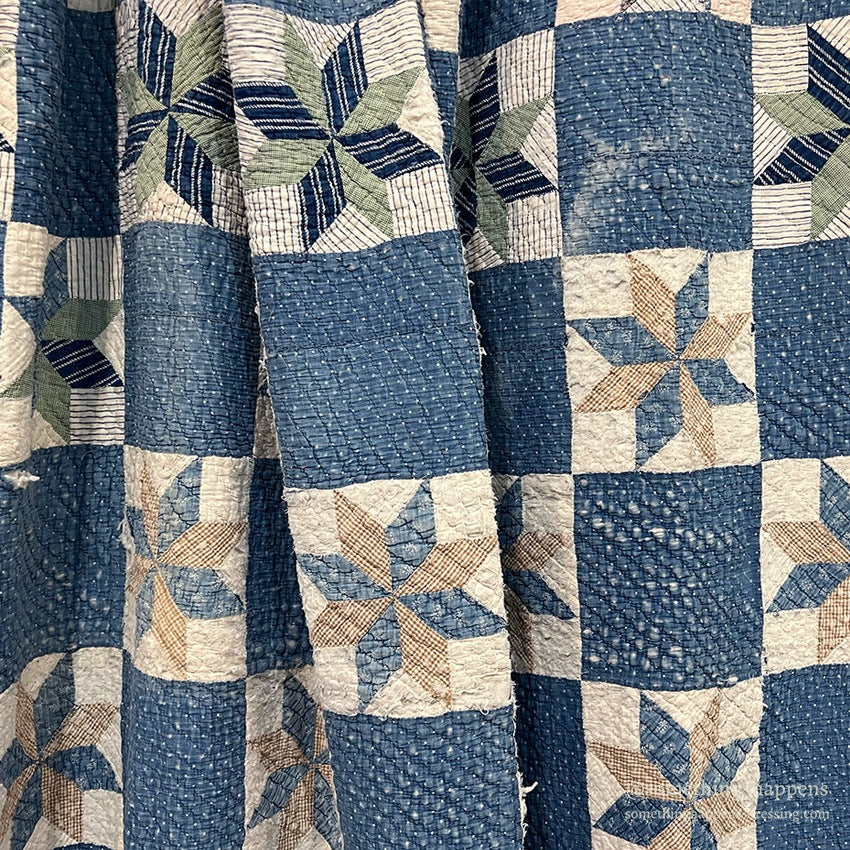 ANTIQUE EIGHT POINT STAR INDIGO CALICO PATCHWORK QUILT... 202cm/168cm