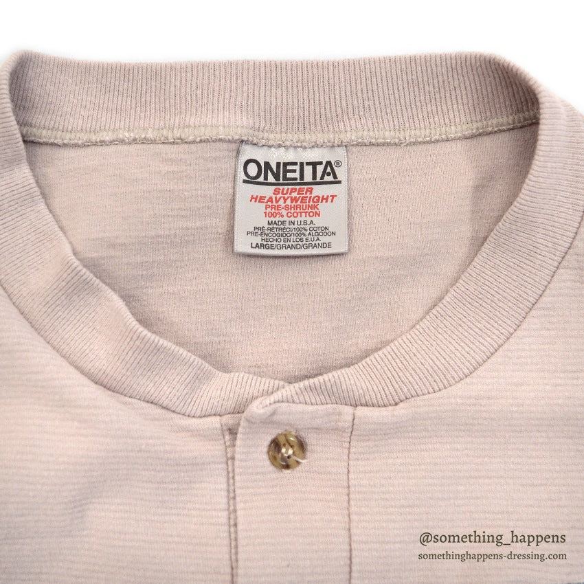 1990's ONEITA DOG EMBROIDERY HENLEY NECK T-SHIRT... L