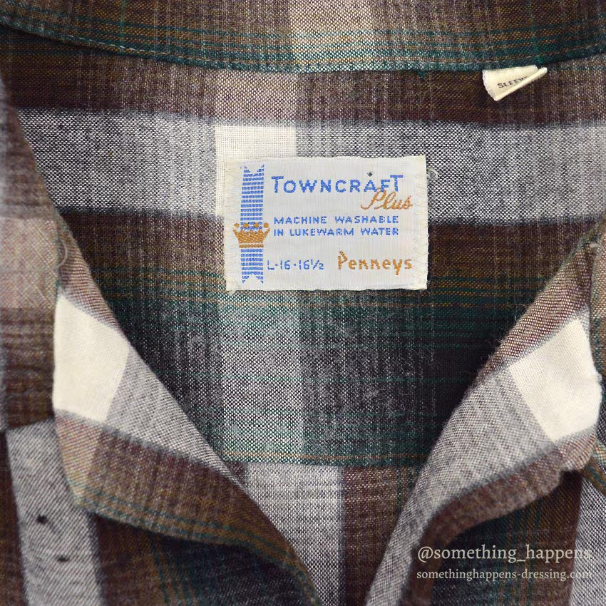 1960's TOWNCRAFT GREEN OMBRE PLAID RAYON SHIRT...L