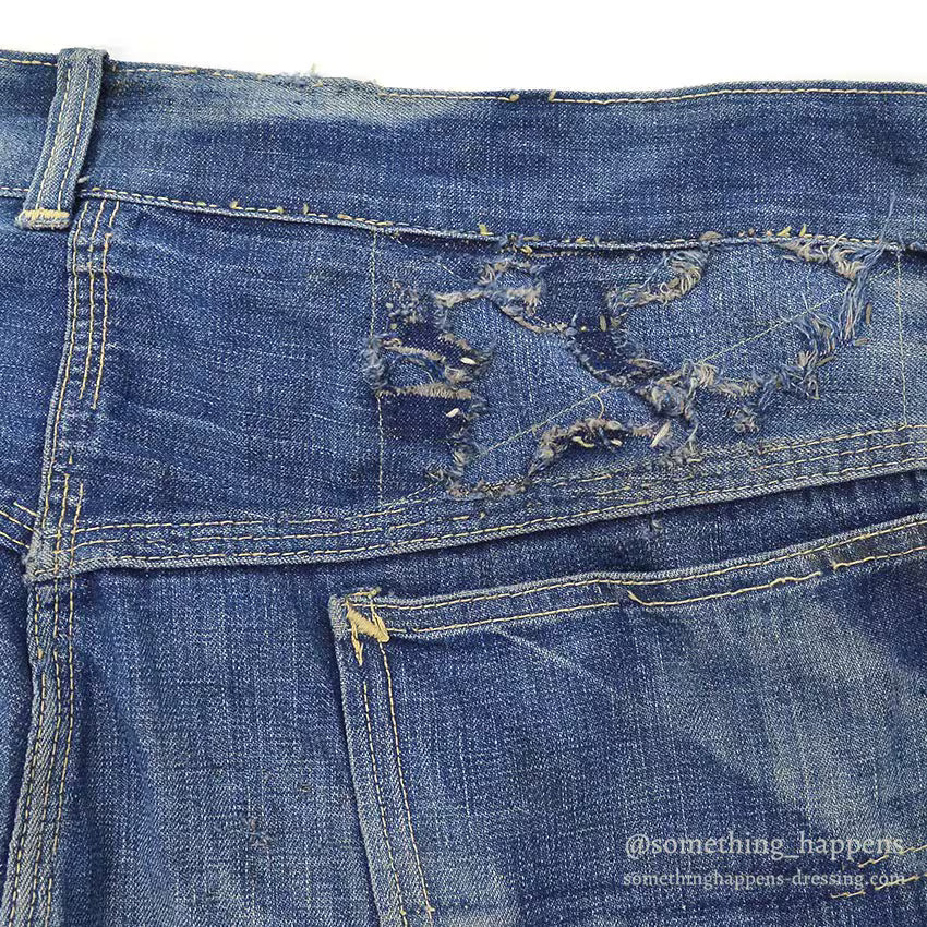 1960's MONEY BAK DENIM PAINTER PANTS SUN FADED / HAND SEWN REPAIRS ... W34/L29