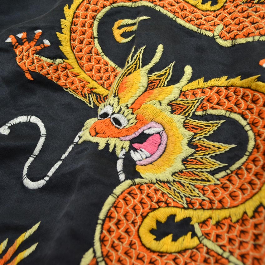 ~70's China Gown embroidery silk black...