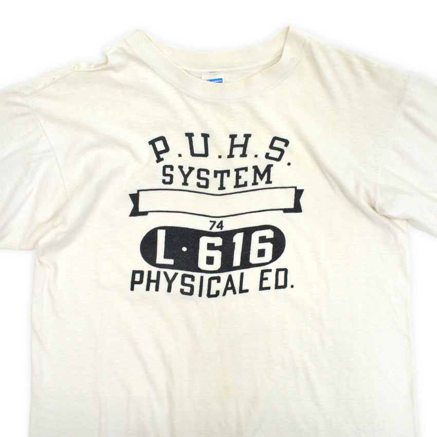 70's Champion Bar Tag Black x White Discharge Print T-Shirt with some distressing... L