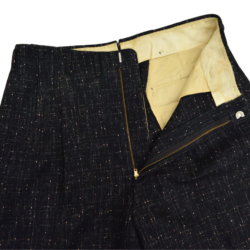 1950s-era black pinstripe Fleck Pattern kasuri wool slacks...