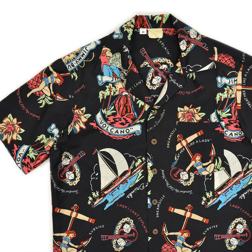 1980's~ JIMMY BUFFETT VOLCANO BLACK ALOHA SHIRT...M