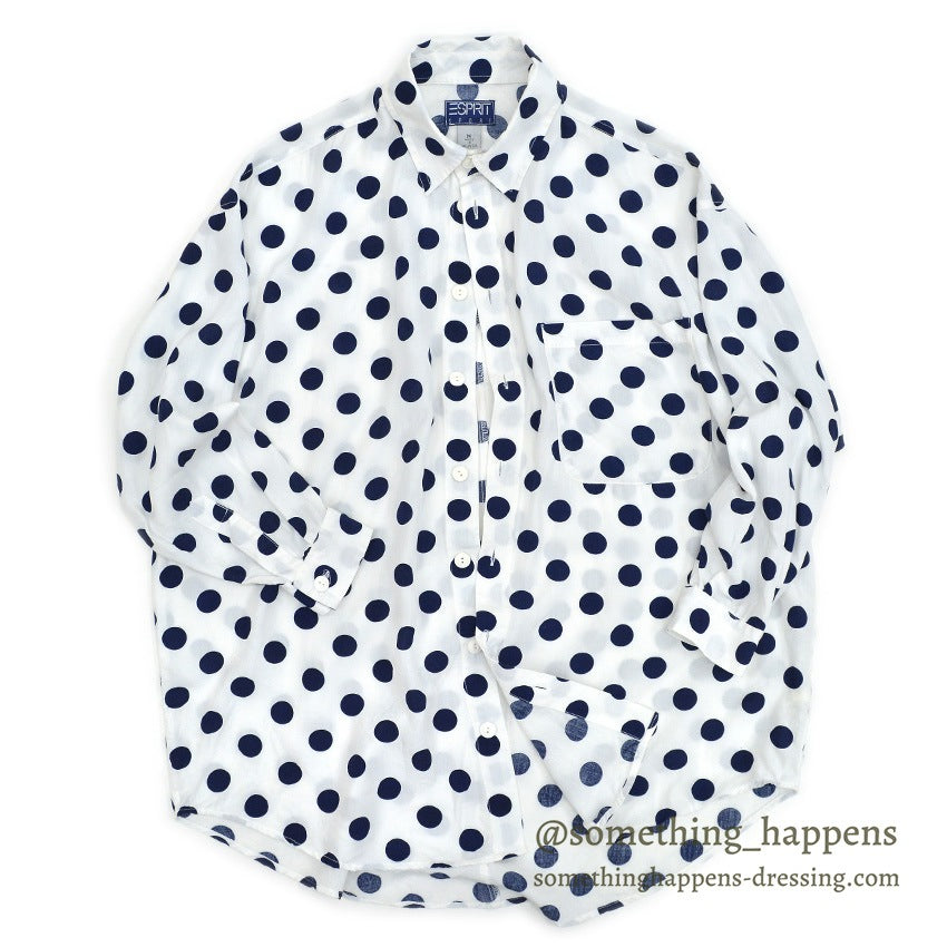 1990's~ ESPRIT SPORTS NAVY DOTS RAYON SHIRT...M