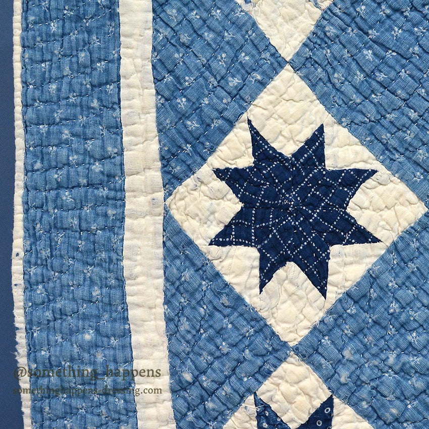 ANTIQUE EIGHT POINT STAR INDIGO CALICO PATCHWORK CRIB QUILT... 103cm/100cm