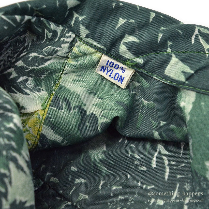 1950's KAMEHAMEHA LEAF PATTERN NYLON ALOHA SHIRT ... L