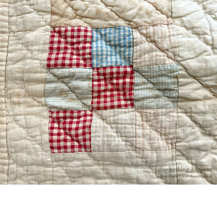 ANTIQUE NINE PATCH CALICO PATCHWORK CRIB QUILT... 122cm/90cm