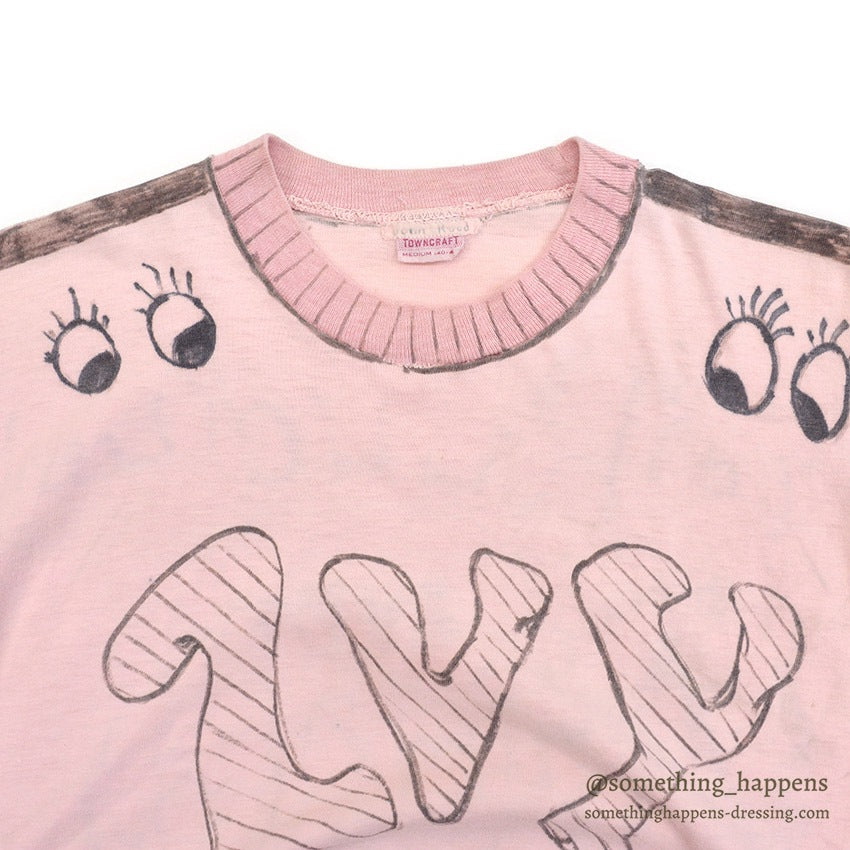 1960's TOWNCRAFT HAND DRAWING T-SHIRT / PINK...M