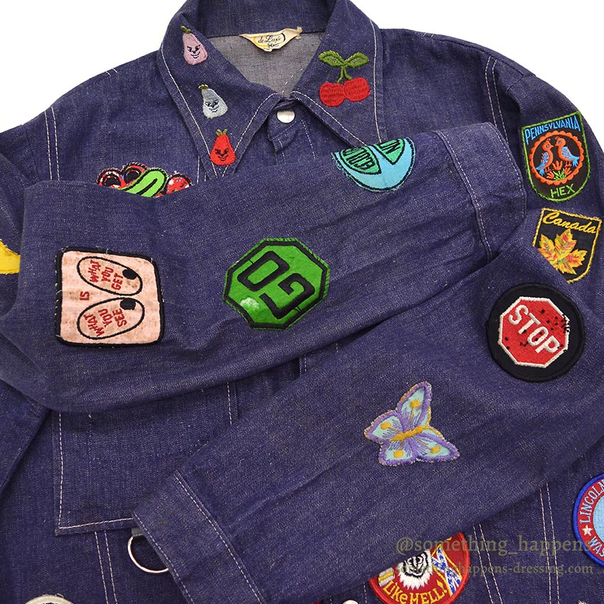1970's DELUXE SPORTSWEAR VAD DYED DENIM JACKET / LOTS OF PATCHES ... M
