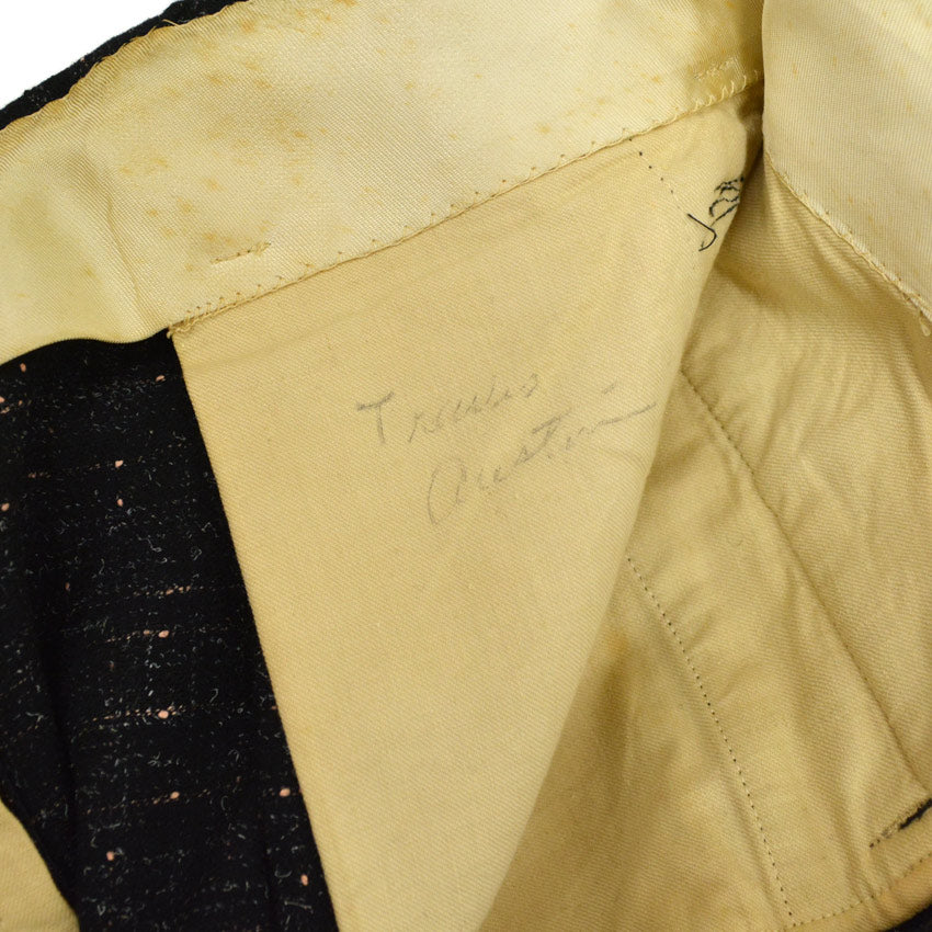 1950s-era black pinstripe Fleck Pattern kasuri wool slacks...