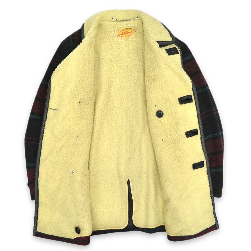 1950's~ Lakeland PLAID CHECK WOOL COAT WITH LEATHER TRIM... 38