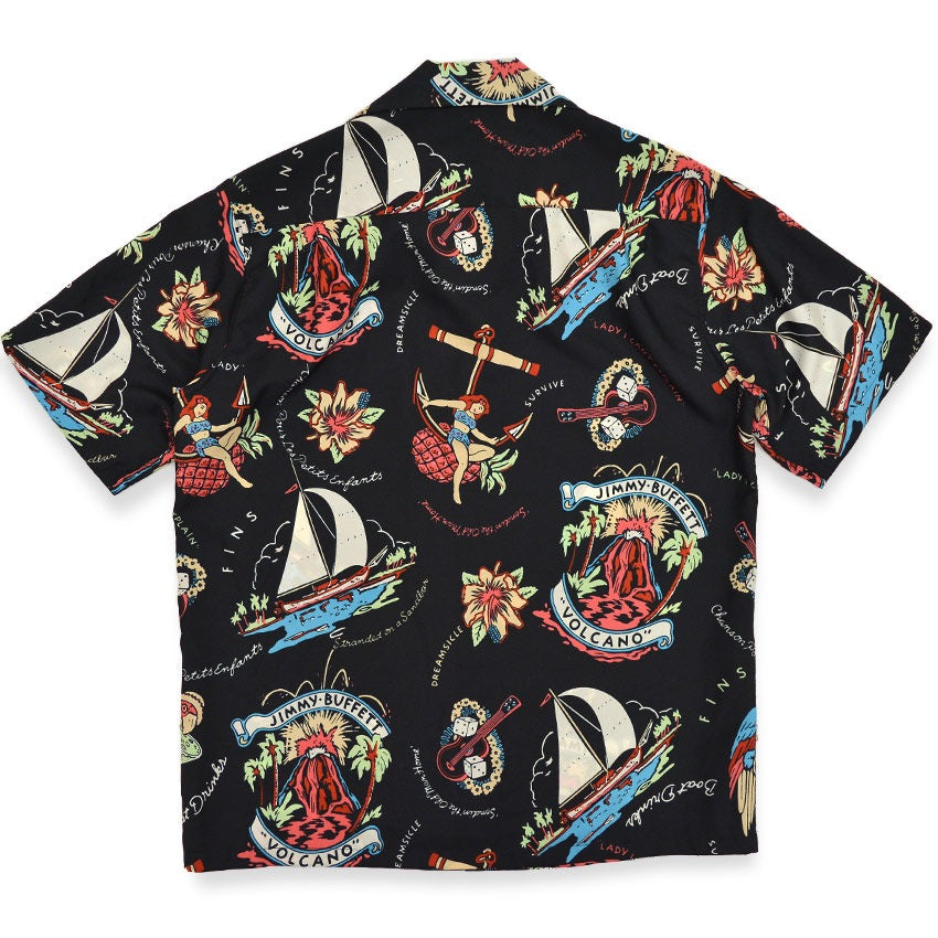 1980's~ JIMMY BUFFETT VOLCANO BLACK ALOHA SHIRT...M