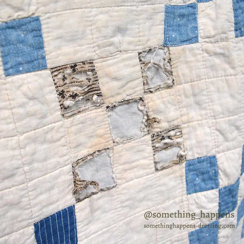 NINE PATCH INDIGO CALICO PATCHWORK QUILT... 202cm/168cm