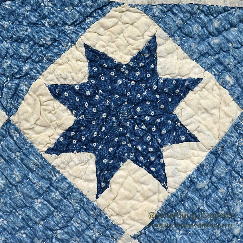 ANTIQUE EIGHT POINT STAR INDIGO CALICO PATCHWORK CRIB QUILT... 103cm/100cm