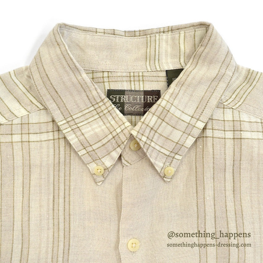 1990's DEADSTOCK STRUCTURE BEIGE PLAID LINEN SHIRT...L