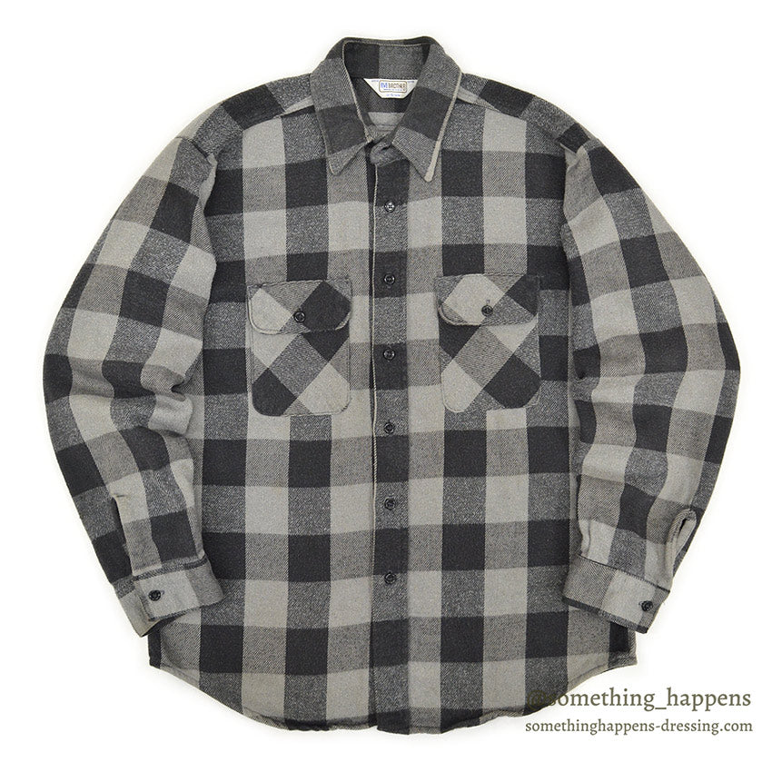 1970's~ FIVE BROTHER BLACK/GRAY PLAID FLANNEL SHIRT ... L