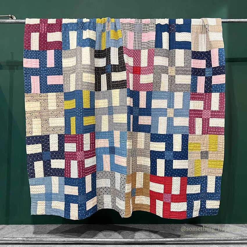 ANTIQUE WHIRLING LOGS SWASTIKA CRAZY PATCHWORK QUILT... 202cm/166cm
