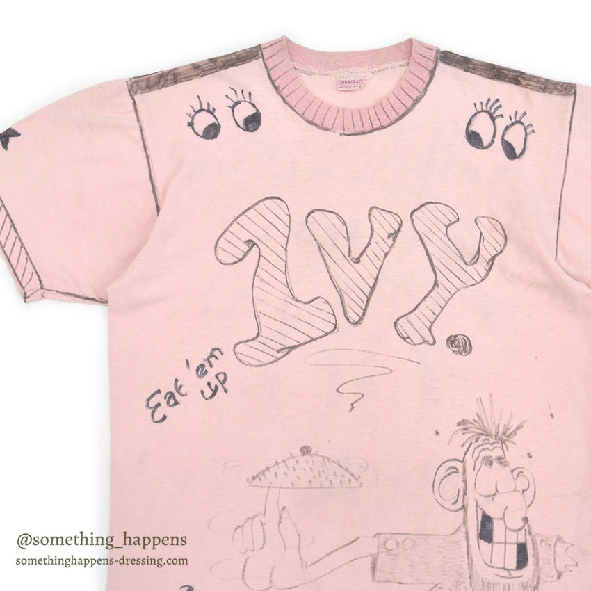 1960's TOWNCRAFT HAND DRAWING T-SHIRT / PINK...M
