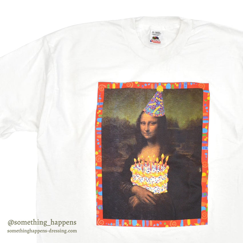 1990's DEADSTOCK FRUIT OF THE LOOM MONA LISA BIRTHDAY ART PRINT T-SHIRT ... XL