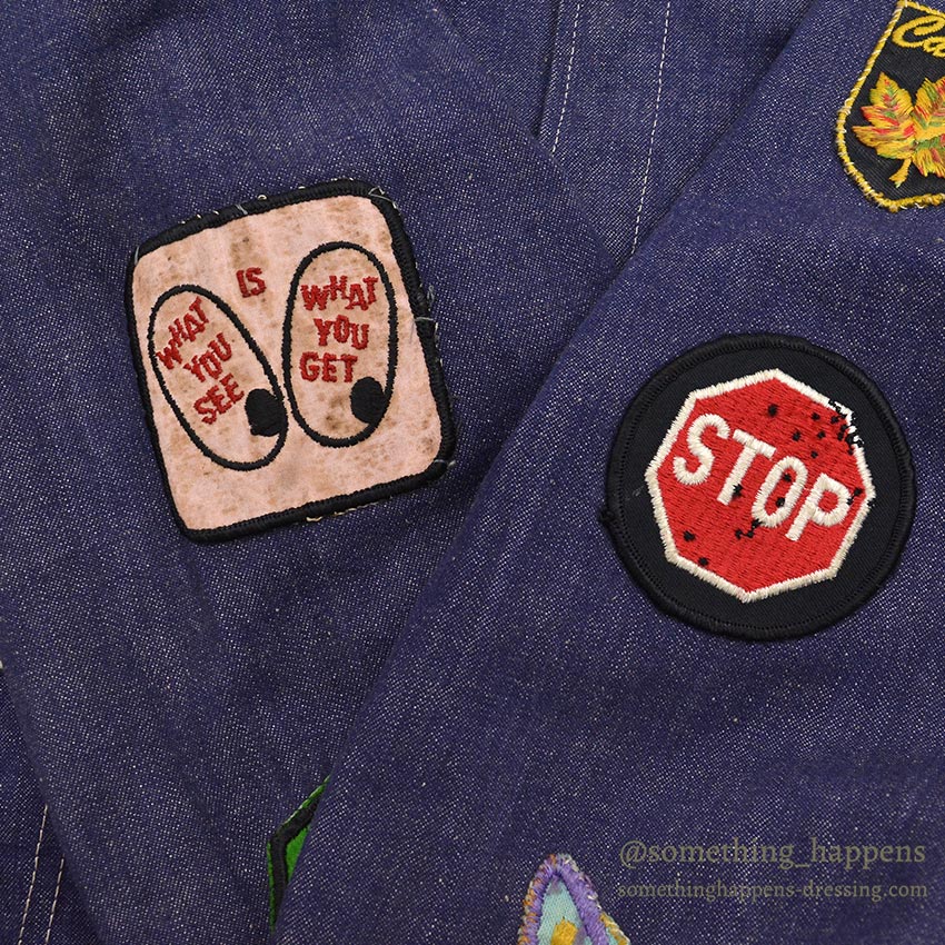 1970's DELUXE SPORTSWEAR VAD DYED DENIM JACKET / LOTS OF PATCHES ... M