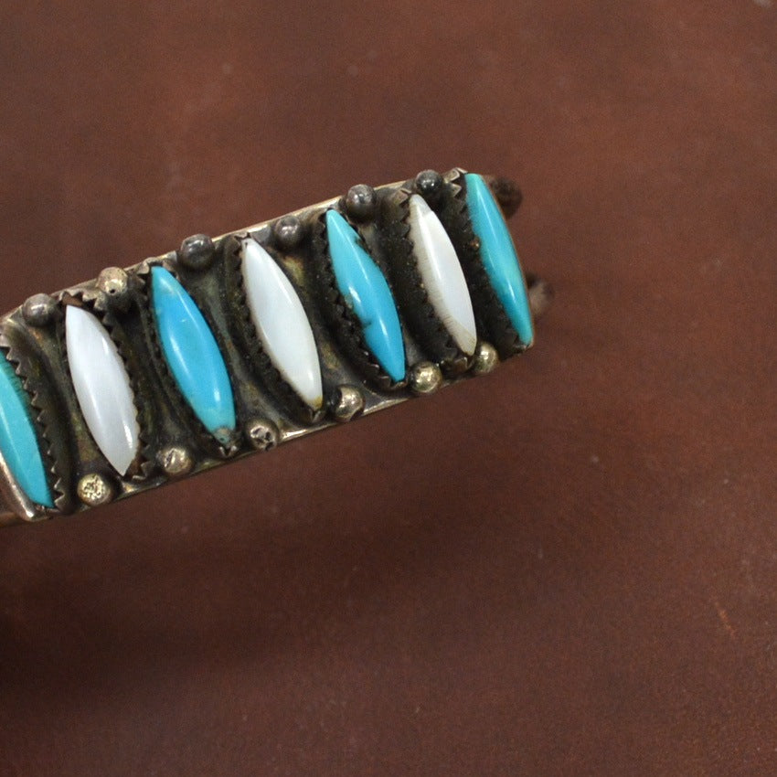 OLD ZUNI Needle Point Turquoise & shell Silver Bangle ...
